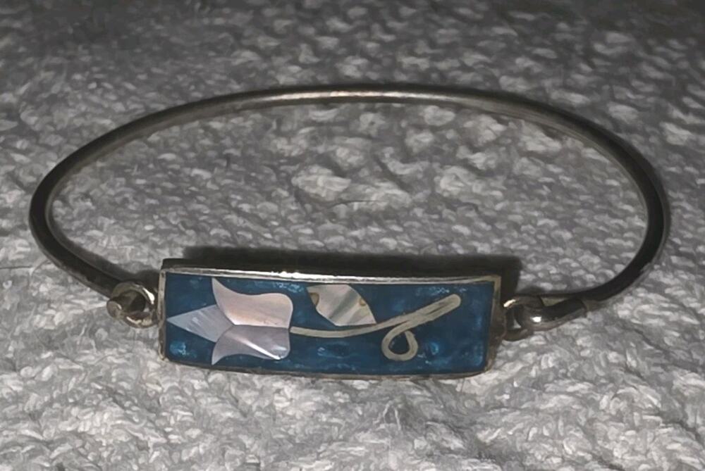 Vintage Mexico Alpaca Floral Abalone & Turquoise Inlay Hinged Bangle Bracelet